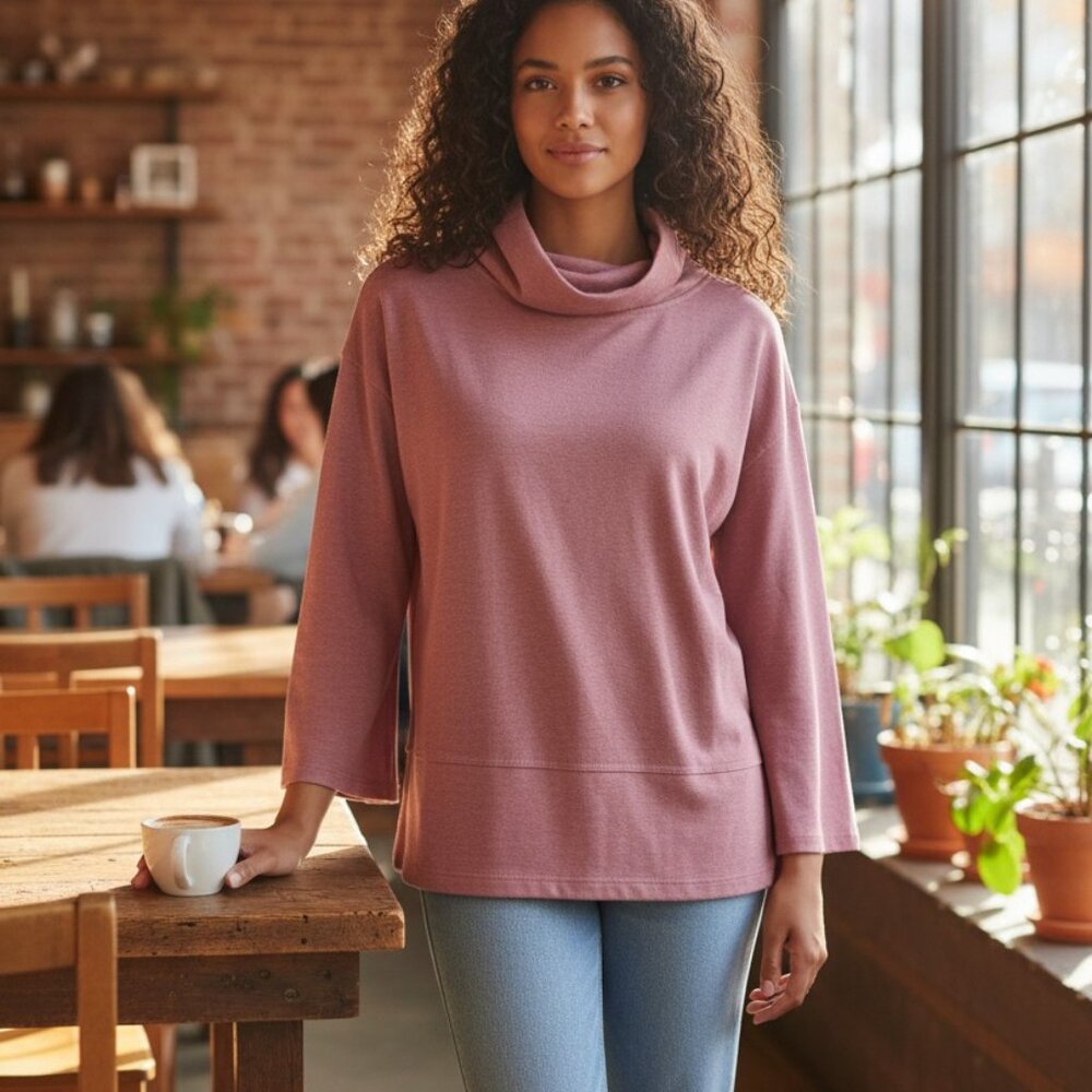 (G-210)apana Women’s Cowl Neck Long Sleeve Top Pink Size S Soft Stretch Casual‎